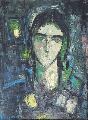 צבי מאירוביץ' (1911-1974) . דמות נערה, 
שמן על בד, 
50x36 ס"מ. 
65x52 ס"מ כולל מסגרת. 