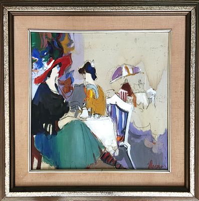 יצחק מימון 
נשים בבית קפה, 
שמן על בד, 
50x50 ס"מ. 
חתום.