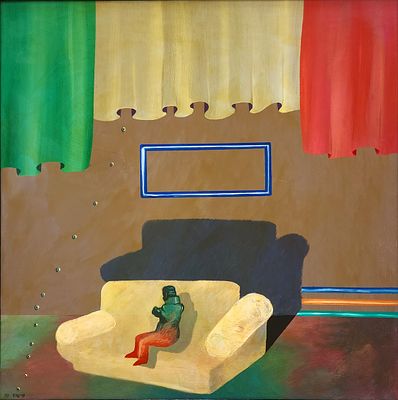 עודד פיינגרש (נ.1938). סצינת תיאטרון 1997, 
שמן על בד, 
80x80 ס"מ. 
חתום ומתוארך.
