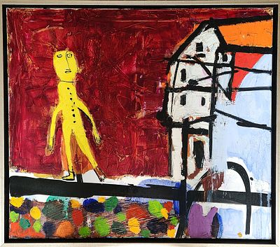 לאו ריי (נ.1950). "FACH WERK" 2019" 
שמן על בד, 
70x80 ס"מ. 
74x84 ס"מ כולל מסגרת. 
