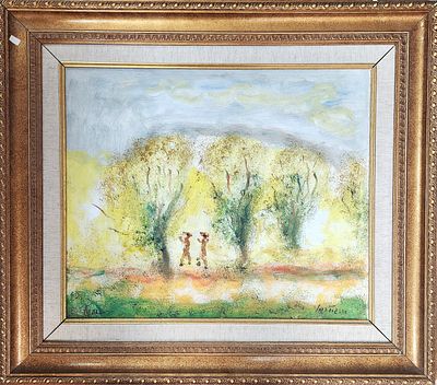 אלברט גולדמן (2011 - 1922). נוף מסיק זתים, 
שמן על בד, 
50x60 ס"מ. 
74x84 ס"מ כולל המסגרת. 
