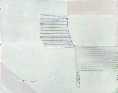 מיכאל ארגוב (1920-1982). ללא כותרת, 
שמן וקולאז' על בד, 
40x50 ס"מ. 
חתום מאחור.