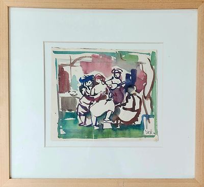 אהרון גלעדי (1907-1993). משפחה, 
אקוורל על נייר, 
20x24 ס"מ. 
חתום.