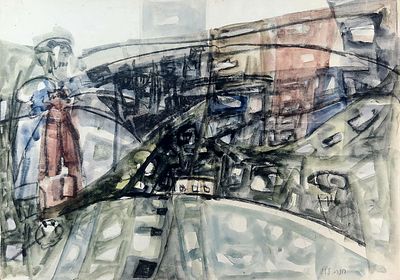 חנה לוי (1914-2002). נוף מופשט, 
אקוורל על נייר, 
50x70 ס"מ. 
חתום. 
קרע קטן בנייר למטה (לא חוסר)