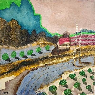 עודד פיינגרש (2026 - 1938) . נוף בית אורן, 
אקריליק על בד, 
30x30 ס"מ. 
חתום.