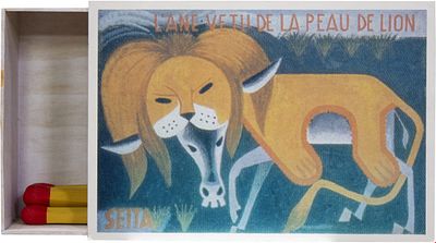 Raymond Hains, SEITA 5, 2000, Monotipo su scatola in legno contenente 7 fiammiferi, 35x62 