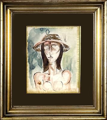 Giuseppe Migneco 
Figura. Giuseppe Migneco Figura, 1971China colorata su Carta, 28x22Autentica 