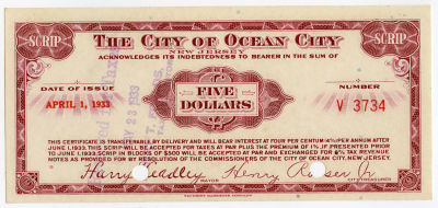 Scarce $5 SCRIP The City Of Ocean City, 1933. This lot is coming from the estate of a deceased 