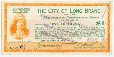 Scarce $1 SCRIP The City Of LONG BRANCH, NJ 1935. This lot is coming from the estate of a 