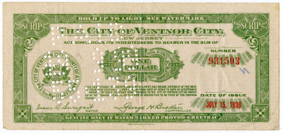 Scarce $1 SCRIP The City Of Ventnor City, NJ 1936. This lot is coming from the estate of a 