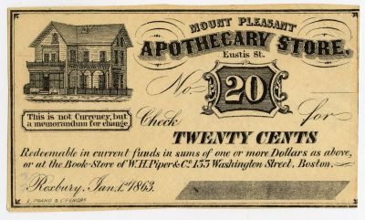 Scarce 1863 Mount Pleasant Apothecary Store 20 C. 1863. This lot is coming from the estate of a 