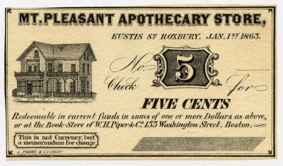 Scarce 1863 Mount Pleasant Apothecary Store 5 C. 1863. This lot is coming from the estate of a 