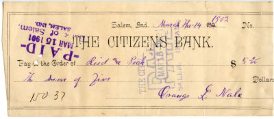 Scarce Paid Check The Citizens Bank, 1902. This lot is coming from the estate of a deceased 