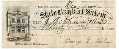 Scarce Paid Check State Bank of Salem, 1924. This lot is coming from the estate of a deceased 