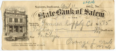 Scarce Paid Check State Bank of Salem, 1922. This lot is coming from the estate of a deceased 
