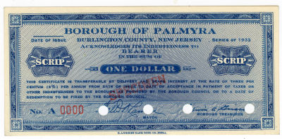 Scarce $1 SCRIP Borough Of Palmira, Burlington NJ 1933. This lot is coming from the estate of a 