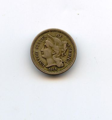 Scarce Antique US Coin Collectors III Cents 1866. This lot is coming from the estate of a 