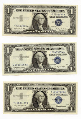 Set of 3 One Dollar Bills Blue Seal 1957, 1957-B and 1957-A Star. This lot is coming from the 