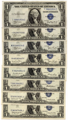 Set of 8 One Dollar Bills Blue Seal 1935-A, B, C, D, E, F G, H. This lot is coming from the 