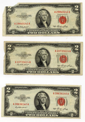 Set of 3 Two Dollar Bills Red Label 1953. This lot is coming from the estate of a deceased 