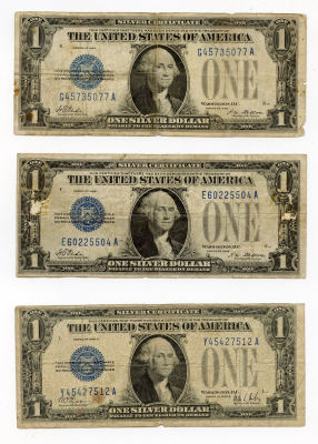 Scarce Set 3 Silver Certificate One Dollar Blue Seal 1928 & 1928-B. This lot is coming from the 