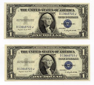 Scarce Set 2 Dollar Silver Certificates 1935-G CONSECUTIVE. This lot is coming from the estate 