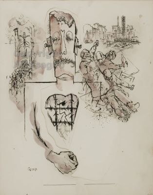 George Grosz (1893-1959) - Gouache on 3 shaped cards FramedConfirmation of authenticity via email 