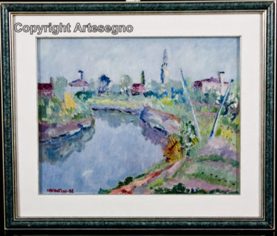 Dino Costantini (1940-2004) - Oil on wood panel 
cm 40x50 
1977 
Fosso di Mazzorbo Framed Signed 