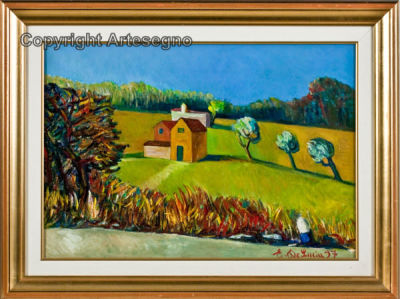 Edoardo De Lucia (1938) - Oil on wood panel 
cm 45x67 
1997 
Casetta nel campo Framed Signed and 