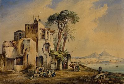 Consalvo Carelli (1818-1900) Golfo di Napoli Tecnica mista su carta cm 38x55... - Consalvo Carelli 