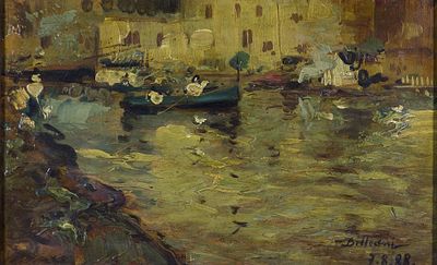 Lorenzo Delleani (1840-1908) Sulla laguna, 1888 Olio su cartone cm 21x33... - Lorenzo Delleani 