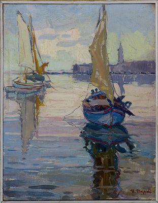 Umberto Moggioli (1886-1919) Barche in laguna Olio su cartone telato cm 45x35... - Umberto 