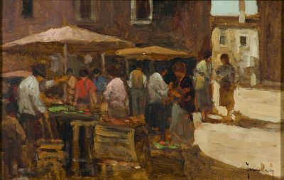Enrico Frattini (1890-1968) Mercato Olio su tavola cm 26x40 Firma in basso a... - Enrico Frattini 