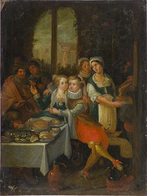 Artista del XVIII&deg; sec. di Scuola Fiamminga () Scena di banchetto, sec. XVIII... - Artista del 