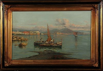 Giuseppe Carelli (1858-1921) Barche nel Golfo Olio su cartone telato cm 33x51... - Giuseppe 