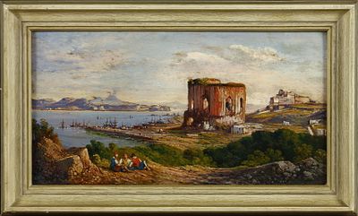Consalvo Carelli (1818-1900) Veduta di Baia Olio su tavola cm 19x36 Firma in... - Consalvo Carelli 