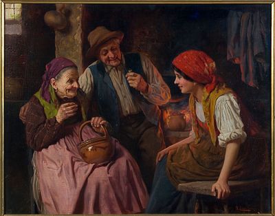 Antonio Zoppi (1860-1926) Conversazione con i nonni Olio su tela cm 53x67... - Antonio Zoppi 