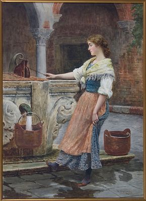 Nazzareno Cipriani (1843-1925) Al Pozzo, Venezia Olio e tecnica mista su... - Nazzareno Cipriani 