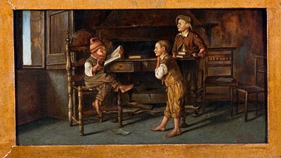 Giuseppe Costantini (1843-1893) La lezione, 1877 Olio su tavola cm 27x47... - Giuseppe Costantini 