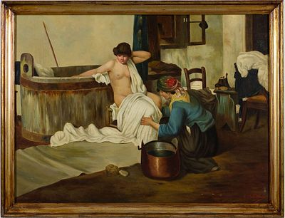 Jonh Edmund Califano (1864-1924) Dopo il bagno Olio su tela intavolata cm... - Jonh Edmund 