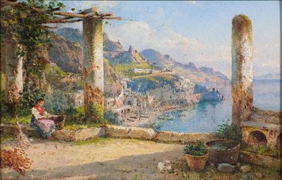Guglielmo Giusti (1824-1916) Cappuccini ad Amalfi Olio su tavola cm 25x37... - Guglielmo Giusti 
