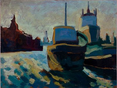 Roberto Ferruzzi (1927-2010) Marina con barche Olio su tavola cm 30x40 Firma... - Roberto Ferruzzi 