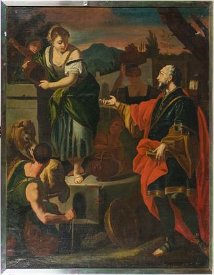 Artista Veneto XVIII sec. (da Francesco Solimena) Rebecca e Giacobbe Olio su... - Artista Veneto 