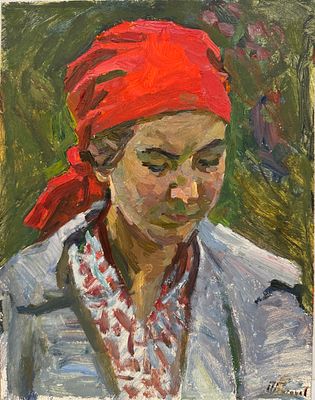 Богачев Пётр Никифорович - "Портрет девушки в платке" 1960-ые г.г. Картон, масло. Картон 