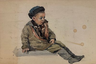 Мещеряков Пётр Тихонович - живопись "Мальчик в зимней дожде" 1940-ые г.г. Акварель. Бумага 