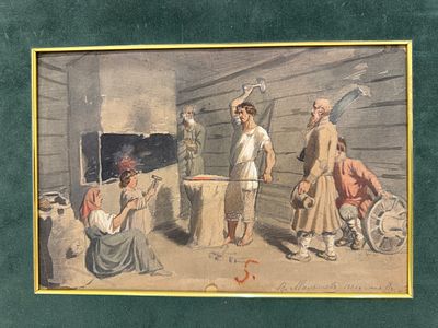 Малышев Василий Григорьевич - графика "Кузня" 1866 г. Акварель. Бумага, акварель. 
Размер: 
