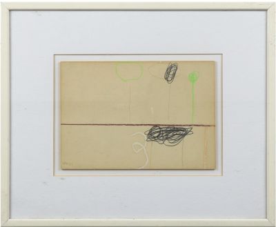 רפיא לביא 1937-2007 - ללא כותרת. טכניקה מעורבת על נייר, חתום ומתוארך 3.69. ממוסגר. 
מידות: 25-18 