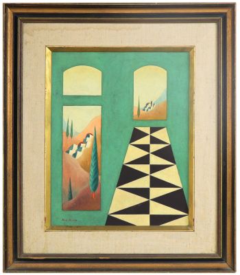 עמוס אריכא נ.1933 - נוף מבעד לחלון. שמן על עץ, חתום וממוסגר. 
מידות: 50-40 ס"מ. 
עמוס אריכא הוא 
