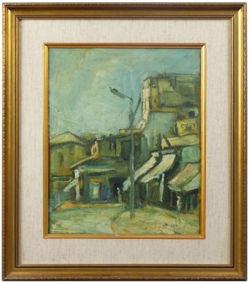 צבי שור 1898-1979 - הפנס הראשון של פתח תקווה. שמן על בד, חתום וממוסגר. 
מידות: 40-33 ס"מ. עבודה 