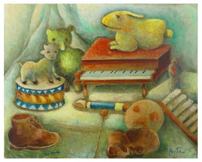 אלברט גולדמן (1922 – 2011) - צעצועים. שמן על נייר מוצמד לבד, חתום וממוסגר. 
מידות: 50-40 ס"מ. 